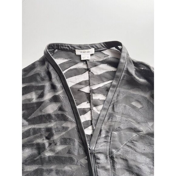 HELMUT LANG Black Sheer Silk Jacquard Leather Trim V-Neck Shirt Blouse, Size M - Picture 10 of 12